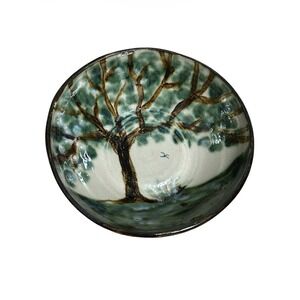 Janet Resnik Studio Pottery Bowl Hand Painted Tree Folk Art Ceramic 9" NC